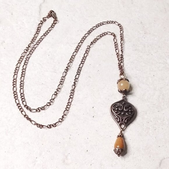 Drop "Y" Necklace - Semi-Precious Stones + Copper ~ Intricate Ornate Feminine - Picture 2 of 8